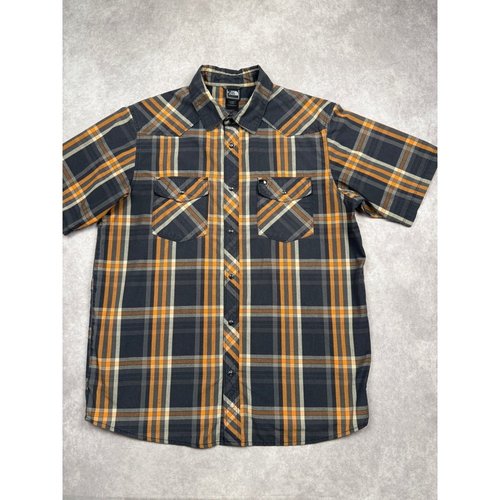 The North Face Mens M Plaid Western Snap Short Sleeve Shirt Black Gray Orange